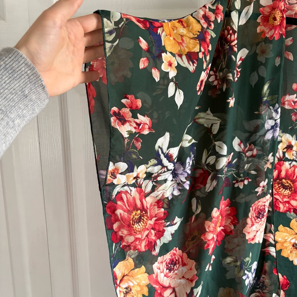 Emory Park Green Floral Kimono Cardigan Shawl Wrap Duster Sheer Boho Bloom 1XL - Picture 2 of 7